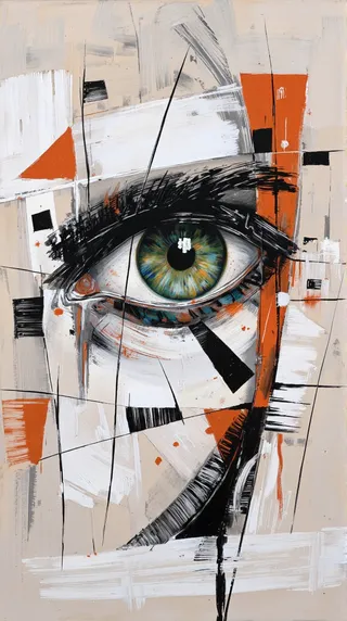 Abstract painting featuring a large expressive human eye with green iris surrounded by bold black, white, and orange geometric shapes and brushstrokes.