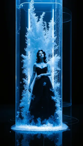 Woman in a black dress stands inside a cylindrical cryocamera filled with frost and illuminated by blue neon lights, with liquid nitrogen vapor and frosted glass in a dark, futuristic setting.