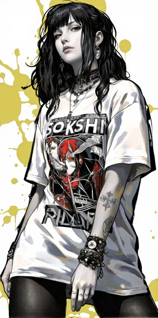 Digital illustration of a gothic young woman with black hair, piercings, tattoos, wearing a graphic t-shirt and black stockings, standing confidently.