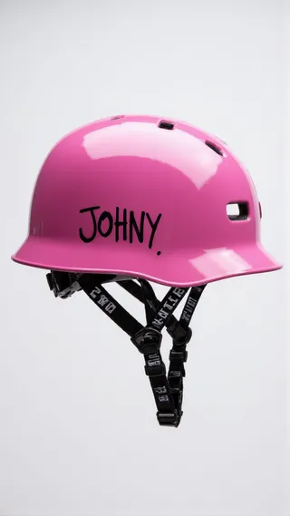 Profile view of a shiny pink skateboard helmet with the word JOHNY scribbled on the side in black marker, set against a plain white background.