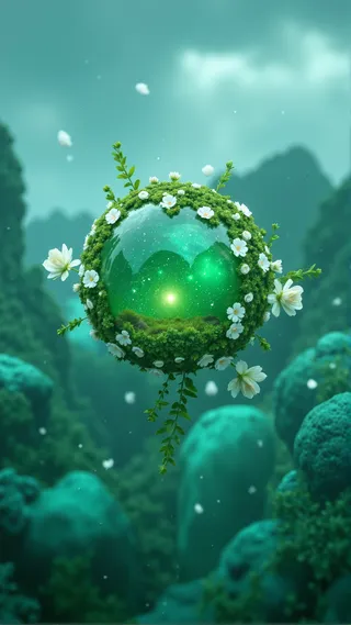 A floating crystal compass in the form of a luminous emerald ball covered with lush white flowers and green leaves, set against misty green mountains under a soft cloudy sky.