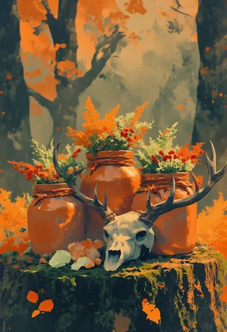 Three cracked clay jars filled with red berries, green lichen, and quartz shards sit on a mossy tree stump beside a stag skull with braided red twine antlers, set in an autumn forest with orange ferns and soft light.
