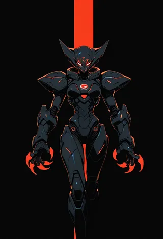 A warrior in bulky black power armor with glowing red neon claws and fierce eyes, set against a dark space background with a bright vertical red streak.
