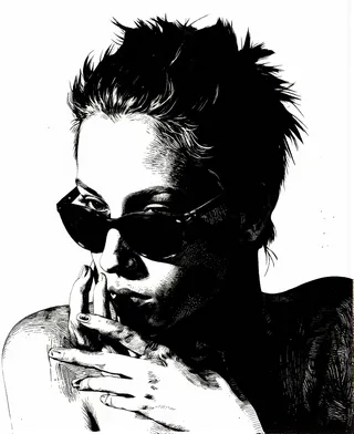 Black and white illustration showing a silhouette of a young woman with spiky hair wearing sunglasses, facing slightly to the side with a serious expression and hands near her face.