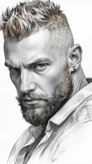 Realistic black and white sketch of a muscular man with a beard and spiky blonde fade haircut, shown in profile with stud earrings and serious expression.