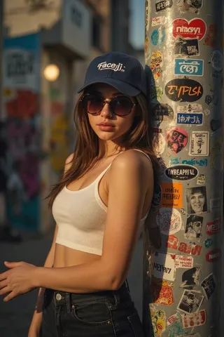 一位女子戴著印有『Faceji』字樣的深藍色帽子、caravan 太陽眼鏡、白色無袖上衣和黑色牛仔褲，靠在覆蓋著彩色塗鴉貼紙的柱子旁，背景是城市環境，並有溫暖的黃金時刻光線。