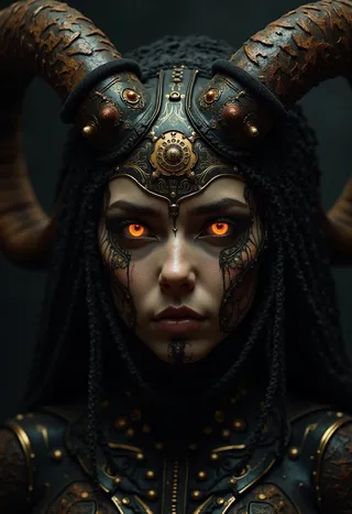 Portrait of a female cyber-demon queen with glowing amber eyes and large twisted biomechanical horns, wearing intricate dark mechanical armor with ornate gold details in a gothic sci-fi style.