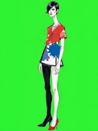Stylized fashion illustration of a person with an elongated neck and confident pose against a vibrant green background, featuring bold red, blue, and black brush strokes.