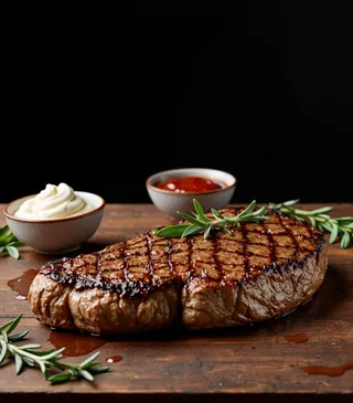 Grilled steak with crosshatch grill marks on a wooden stand garnished with rosemary, accompanied by bowls of white and red sauces and a black background