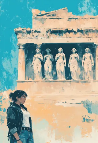 Painting of Erechtheion temple focusing on six Caryatids statues and a black woman with Afro hairstyle wearing leather jacket, white tank top, and jeans, against a bright blue sky