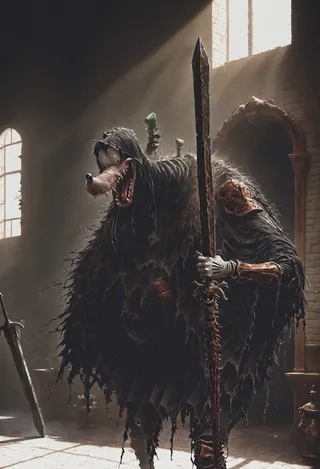 A spooky undead knight with rusty armor and a greatsword, wearing a tattered black cloak, with goofy buck teeth and cartoonish eyes, illuminated by volumetric light in a dark medieval room.