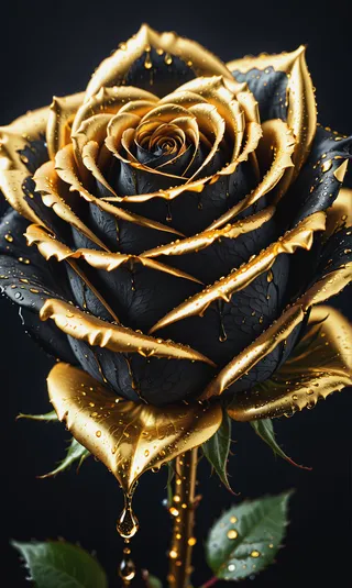 Close-up macro shot of a black rose dripping golden water drops and liquid gold with sharp focus and high contrast, showcasing hyperrealistic details.