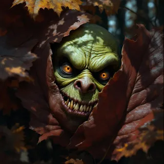Close-up of a grotesque green face with glowing amber eyes peeking out from behind dark red autumn leaves, illuminated by dappled forest light.