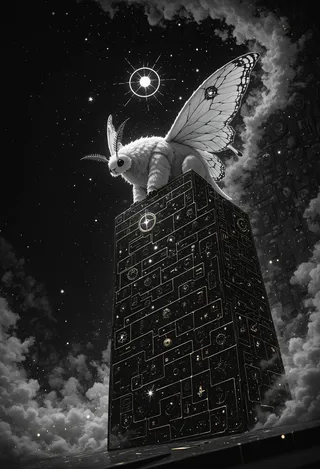 Black and white illustration of a giant moth with feathery antennae perched atop a tall, intricately patterned monolith against a star-filled night sky with clouds and celestial light.