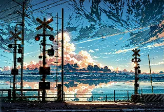 Scenic view of a railroad crossing beside the sea during early morning with a vibrant gradient sky and clouds reflecting on calm water, lit by cinematic light.