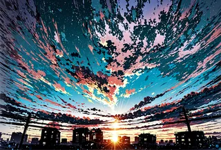 Vibrant cityscape silhouette at early morning sunrise with dramatic gradient sky and cinematic lighting effects.