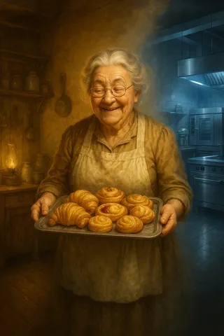 An elderly woman smiling warmly while holding a tray of freshly baked pastries, standing between a cozy 1920s kitchen with warm tones and a cold, modern professional kitchen with blue lighting.