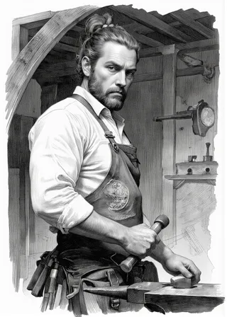 Detailed black and white sketch of a muscular, bearded blacksmith in a leather apron holding a hammer inside his workshop.