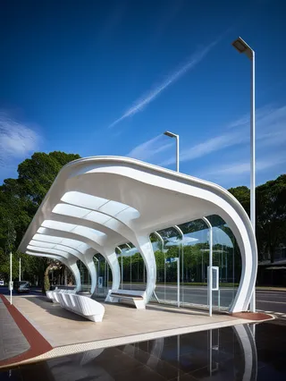 A modern bus stop outdoors featuring a sleek, white curvy canopy with glass panels, set against a clear blue sky and surrounded by trees.