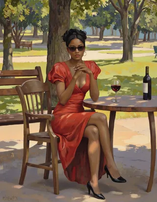 A woman wearing a red dress and black high heels sits cross-legged on a wooden chair in a park, with a glass and bottle of red wine on a round table beside her. She wears black sunglasses and has her hands clasped, surrounded by trees and benches in sunlight.