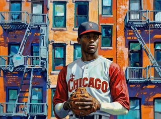 A colorful painting of a young baseball player in a red and white Chicago uniform standing confidently in front of a vibrant orange and turquoise building with fire escapes.