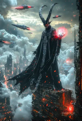 マラカイという名の悪意あるヒューマノイドが崩れた高層ビルの上に立ち、光る球体を手に持ち、有害なガスと放棄された宇宙船が飛び交うダークな未来都市景観。