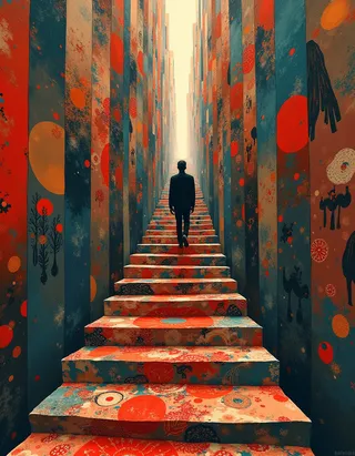 A lone black silhouette figure walks up an abstract staircase adorned with colorful Japanese cultural patterns, including Hokusai waves and kabuki masks, stretching into a bright vertical corridor.