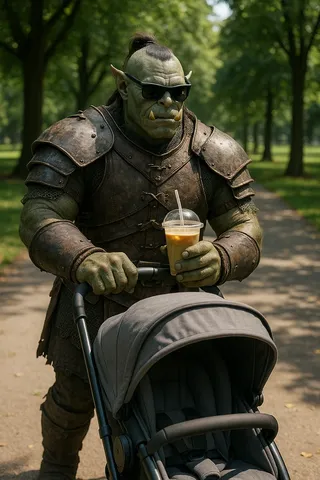 A medieval orc warlord wearing sunglasses and armor is gently pushing a baby stroller while holding an iced latte in a park with trees and a sunlit path.