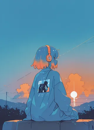 Illustration of a girl with orange-tinted blue hair wearing headphones, sitting outdoors at sunset with a retro two-tone color palette.