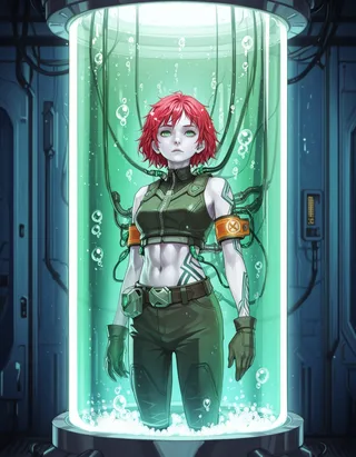 A red-haired boy with green eyes and visible abs submerged in a glowing stasis tank with cables, wearing a crop top, gloves, and armbands, surrounded by air bubbles, in a futuristic setting.