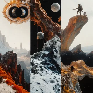 A surreal space landscape featuring rocky terrain with astronauts and distant planets, divided into three vertical panels showing different cosmic scenes.