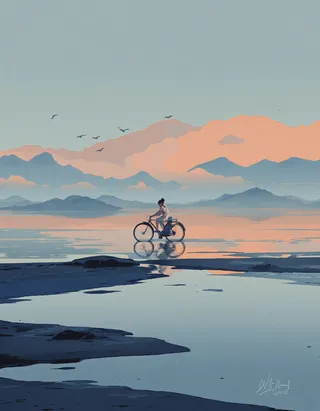 A surreal digital landscape showing a person riding a bicycle through shallow water, surrounded by distant mountains under a blue and orange sky with birds flying.