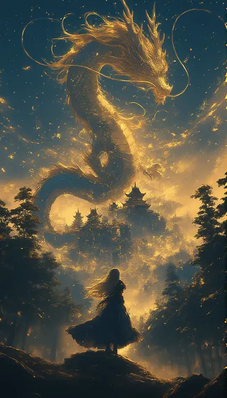 A golden dragon with long flowing hair soaring above a forest landscape illuminated by a mystical glow, with ancient temples and a starry night sky.