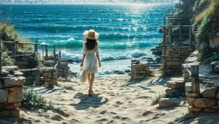 A woman wearing a summer dress and sun hat walks barefoot on a sandy pathway toward the ocean with crashing waves, bordered by stone steps and rustic wooden railings.