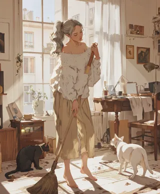 Young woman in a fluffy off-shoulder sweater sweeping the floor barefoot in a sunlit cozy living room with a black and a white cat nearby.