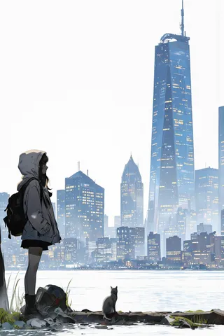 A digital illustration of a young girl standing by water facing a city skyline at dusk, wearing a white hooded jacket, black skirt, and black boots, with a gray cat sitting nearby.