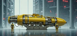 Digital painting of a large yellow submarine-like futuristic vehicle with metallic mechanical parts, set in an industrial environment with two figures in yellow suits standing nearby.
