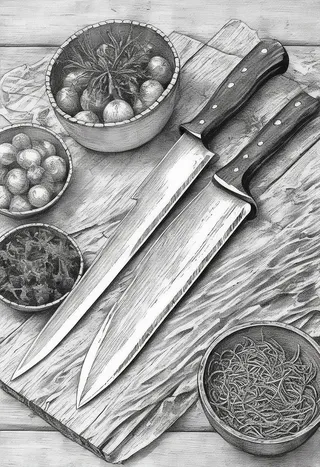 Monochromatic ink illustration in manga style showing two polished chef's knives on a textured wooden cutting board with ceramic bowls filled with vegetables and herbs arranged around.