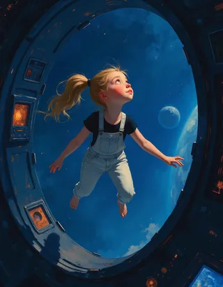 A blond-haired girl in white denim overalls floating inside a high-tech spaceship, gazing up with a serene expression toward a large window showing stars and planets in outer space.