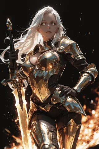 A striking female warrior with flowing white hair and white eyes, clad in highly detailed gold armor, holding a large burning sword against a black background.