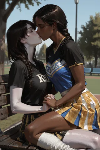 Two girlfriends, one dark-skinned in a blue and yellow cheerleader uniform and the other pale-skinned with black hair, kiss passionately while holding hands on a park bench on a sunny day.