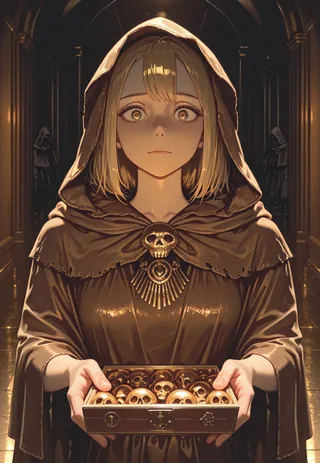 A young woman with pale skin wearing a hooded gothic cloak offers an ornate box filled with gold skulls, standing in a dimly lit marble corridor with dark cloaked figures in the background.