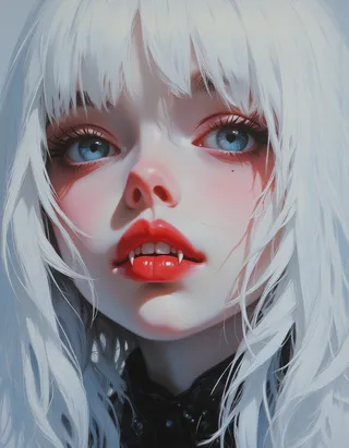 Close-up portrait of a young vampire girl with pale white skin, bright blue eyes, long white hair, vivid red lips, and sharp fangs, rendered in a hyper-realistic oil painting style.
