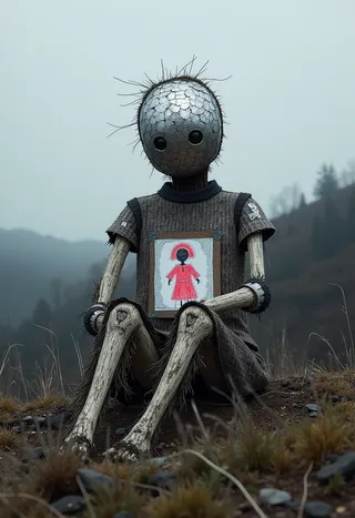 A scarecrow made from broken mirrors and bone sitting on a hillside under grey skies, with a child's red crayon drawing taped to its chest.