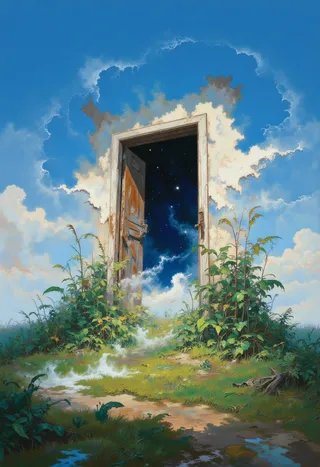 A weathered wooden door stands upright in a misty meadow with tall greenery around, opening to reveal a starry night sky beyond.