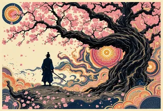 A solitary samurai clad in dark indigo armor stands beneath a large cherry blossom tree with pink petals falling, set against a vibrant psychedelic background with swirling paisley and mandala patterns.