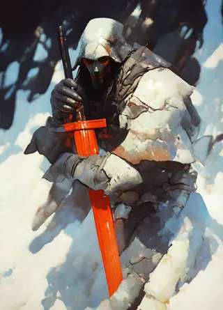 A dark armored knight clutching a glowing red sword with a cracked and weathered white armor, set against a soft, abstract light background.