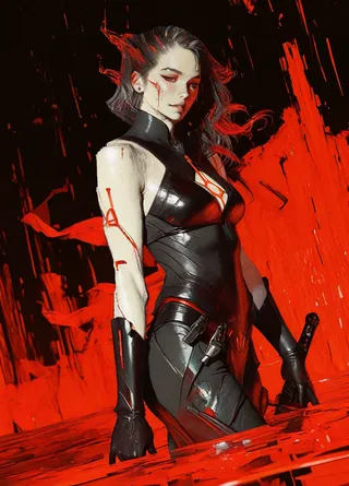 Photorealistic depiction of a seductive woman with wolf cut hairstyle, black leather armor adorned with glowing red runes, immersed in swirling liquid metal magic with vivid red accents against a black background.