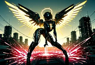 A futuristic female figure in a sleek black exoskeleton suit with glowing mechanical wings and headgear covering her eyes, striking a dynamic pose amid a glowing, bioluminescent cyberpunk cityscape.