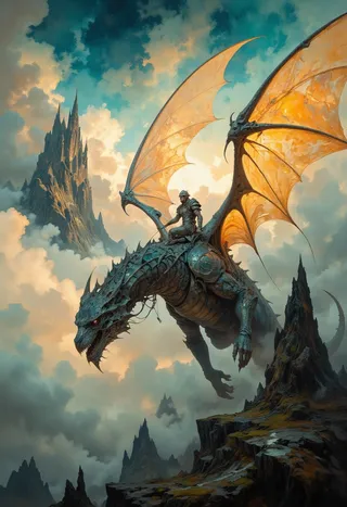 Futuristic warrior riding a flying dragon with glowing orange wings above clouds at sunset, set against a dramatic fantasy mountain landscape.